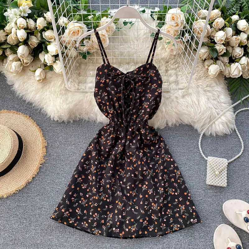Women's Seaside Holiday Floral Print Jurk Zomer Sexy Spaghetti Strap Lacking Taille Cyber ​​Celebrity Rok Broek ML822 210506