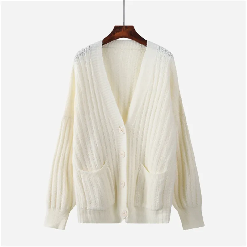 H.SA Marca Mulheres Winter Roupas Casaco Branco Cardigans V Neck Knit Jaquetas Sólidas Jumpers Coreano Camisola Pontões 210417