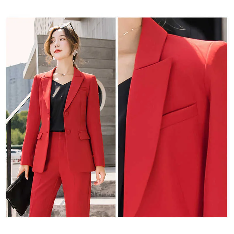 高品質の気質赤の女性のスーツセットエレガントなシングルブレストユニフォーム女性秋と冬のズボン210527