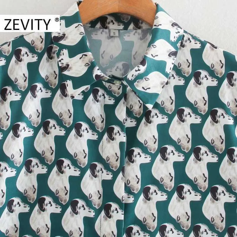 Zevity kvinnor söta hundar print casual smock blus kvinnlig sväng ned krage chic tröja ol affärer femininas blusa toppar ls7302 210603