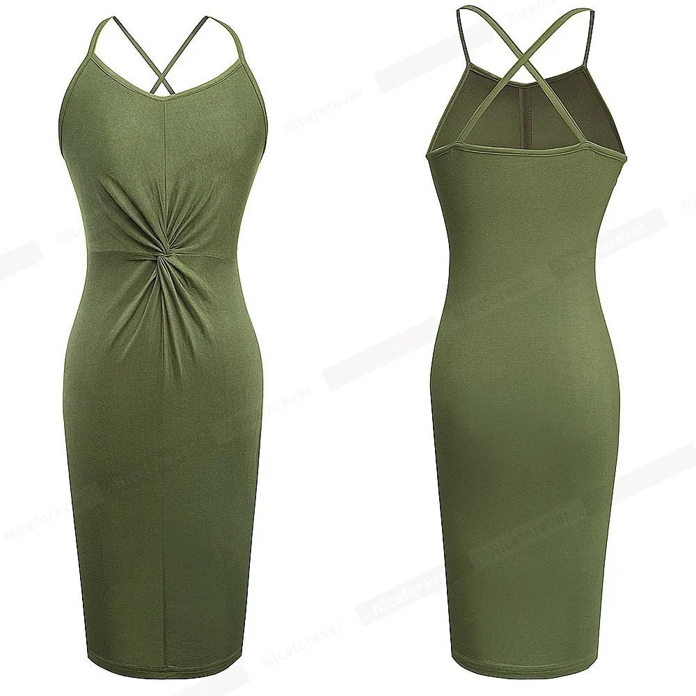 Nice-forever Summer Basic Solid Color with Knot Slip Dresses Casual Bodycon Fitted Women Dress A214 210419