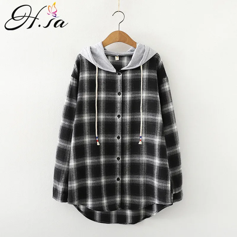 HSA Woman Plaid Hooded Shirt Handsome Cool Girl Harajuku Aesthetic Streetwear Casual Loose Tops T-Shirt With Hat 210417