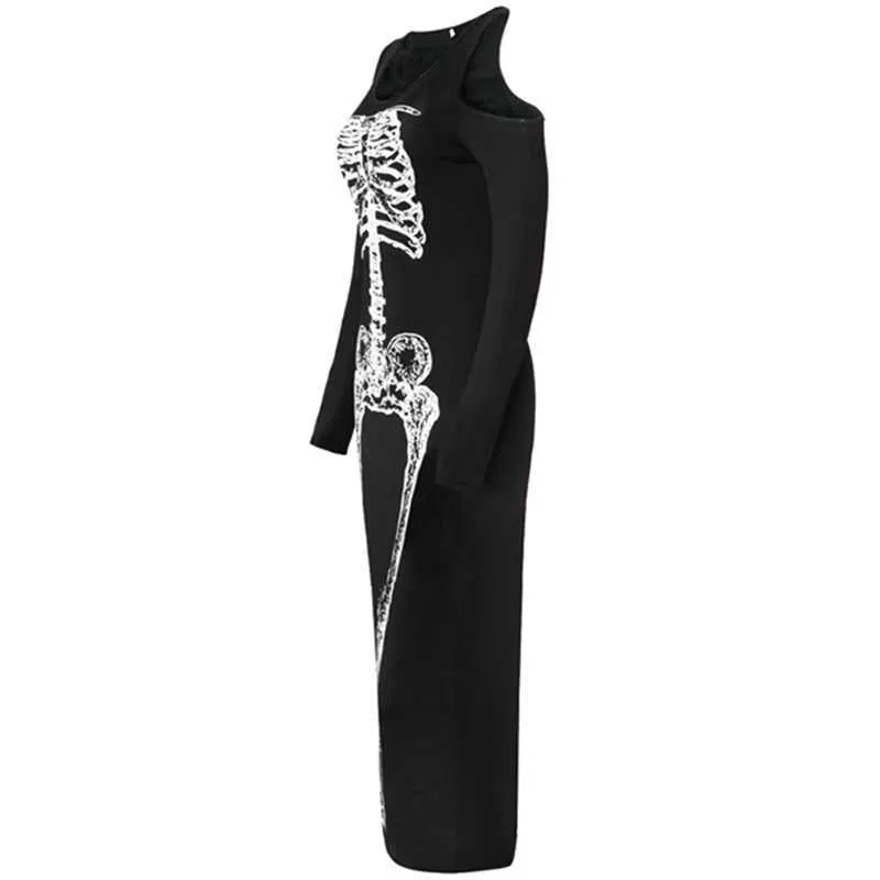 Lange mouwen zwarte jurk vrouwen halloween kostuum eng skeleton sexy strapless 1 stuk y1006