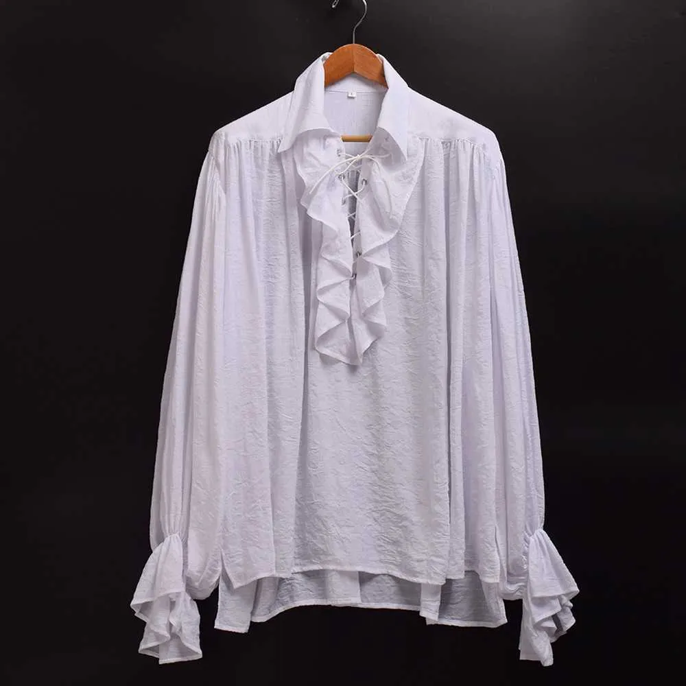 Camicia medievale vintage da uomo Rinascimentale scozzese coloniale Ruffles Jabot Poeta Camicetta bianca nera a maniche lunghe Camicie pirata 210721