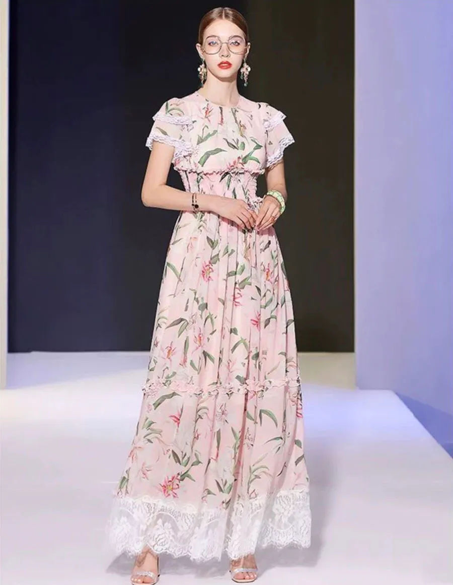 Robe maxi dentelle fleur de lys printt étendre la taille luxe élégant fête d'anniversaire excellent long dreese vestidos été 210421