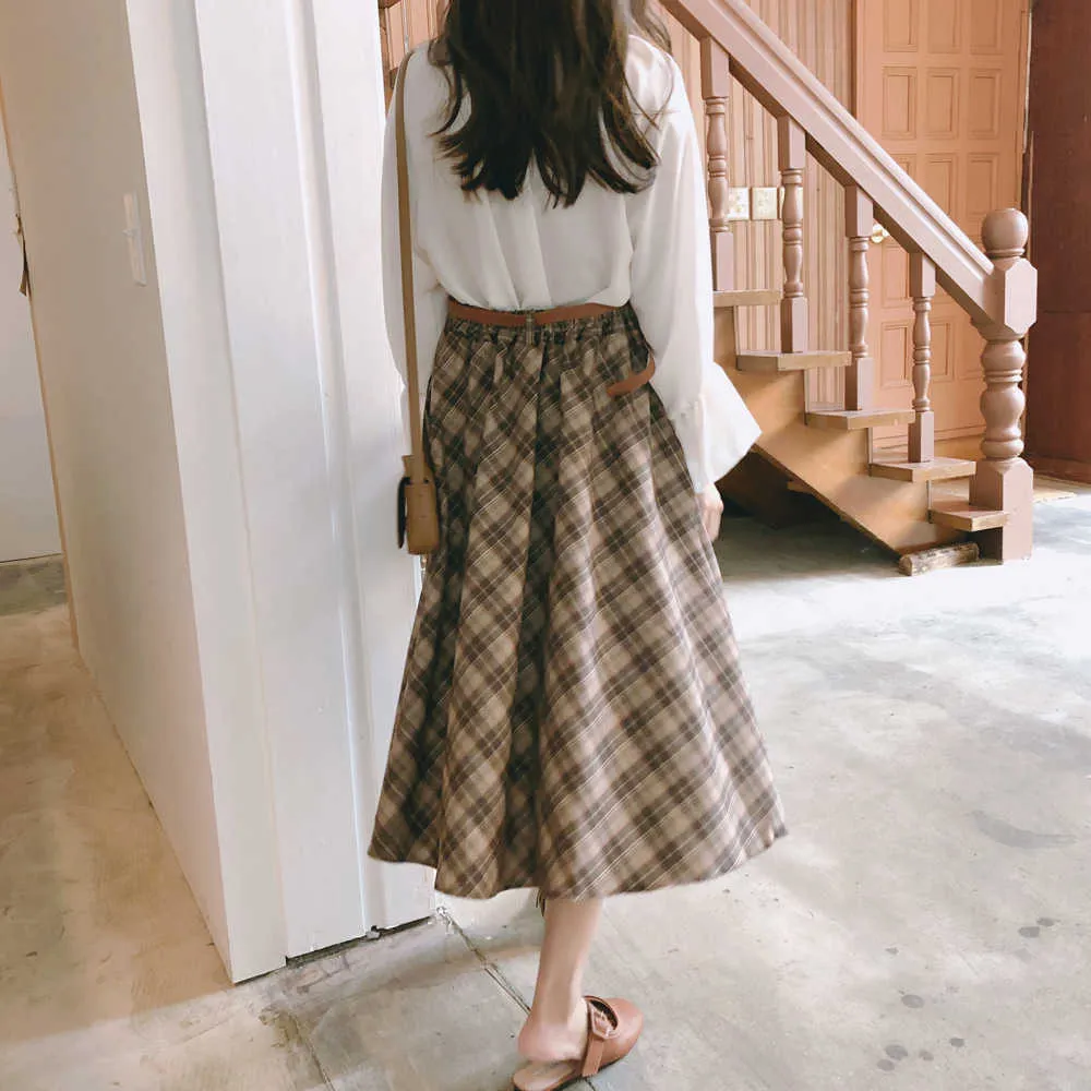 Cintura elástica saias vintage harajuku mi-longo saia xadrez mulheres de cintura alta escola meninas meados de saia plissada 210708