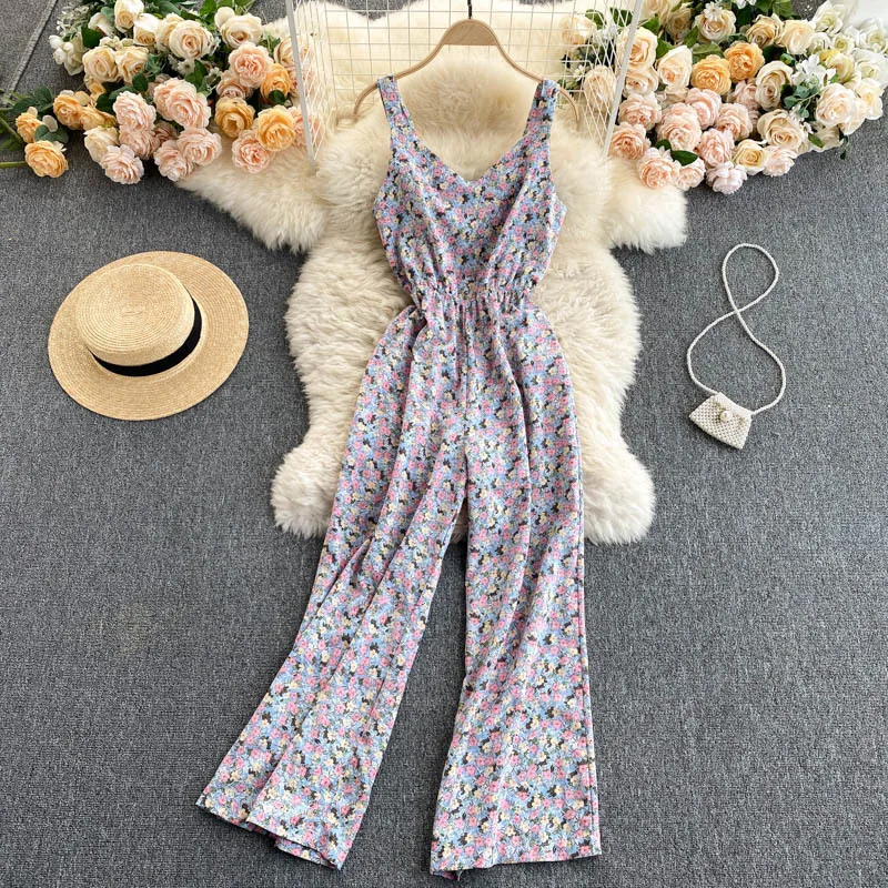 SINGREINY Französisch Retro Floral Strampler Frauen Sexy Backless V-ausschnitt Overalls Sommer Böhmischen Druck Strap Breite Bein Strampler 210419