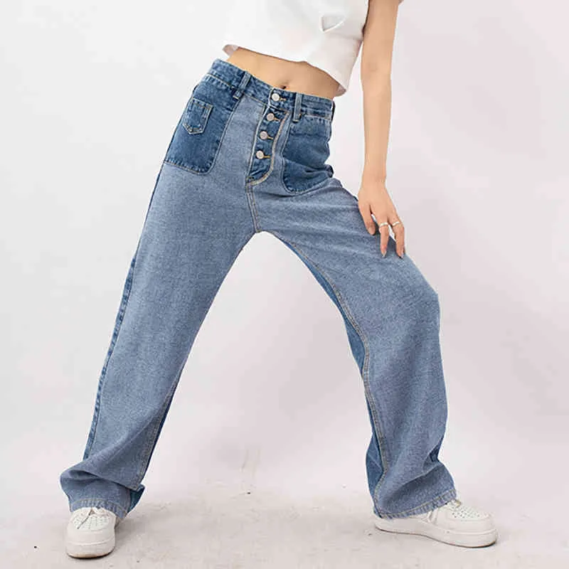 Streetwear Jeans a contrasto di colore Pantaloni estivi a vita alta da donna larghi e sottili in denim Marea femminile 5E331 210427