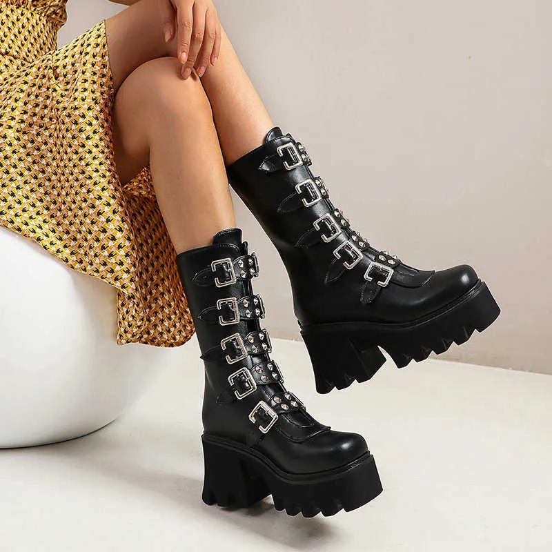 Winter Gothic Punk Womens Platform Laarzen Zwart Gesp Strap Rits Creeper Wiggen Schoenen Mid Calf Military Combat Laarzen Dames Y0914