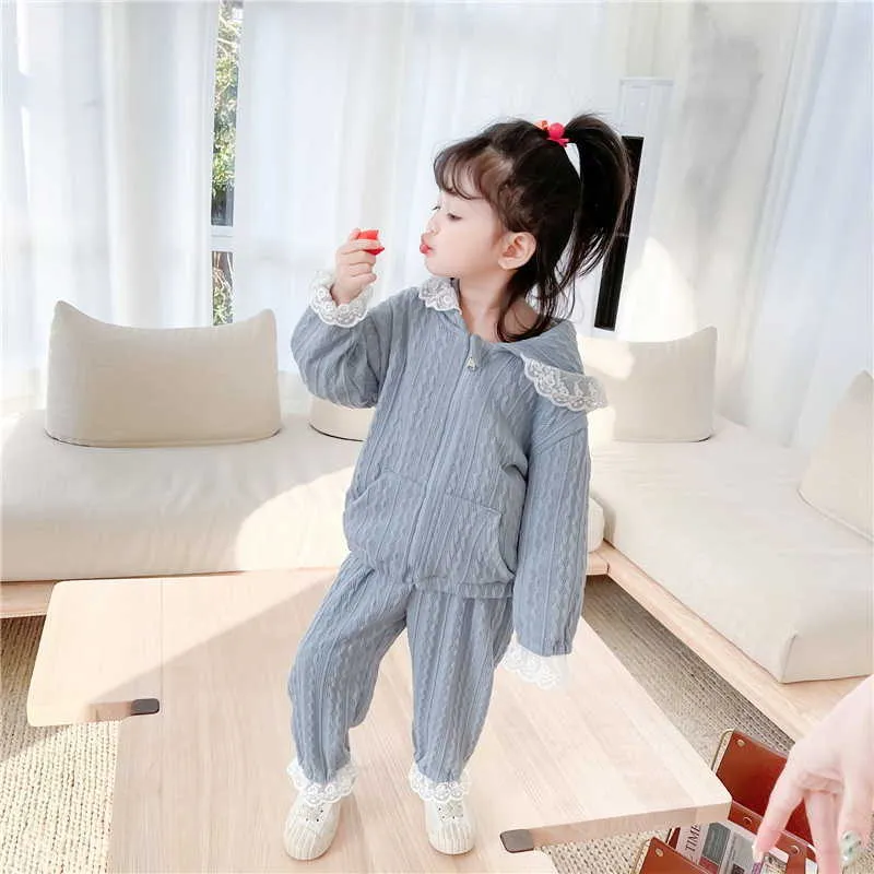 Pigiama bebè primaverile Set pigiama in pizzo blu rosa con cappuccio Abiti da casa Sleep Swear Abbigliamento bambini E8052 210610