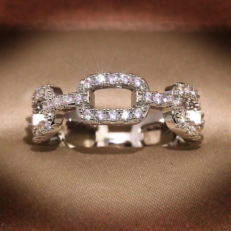 ファッションウェディングジュエリー100 925スターリングシルバーリングPave White Sapphire CZ Diamond Chain Women Luxury Band Finger Ring RA09965680077