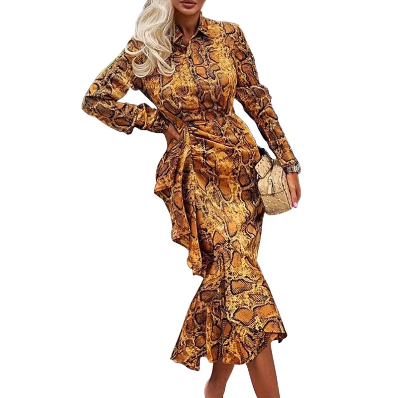 Women Dress Leopard Print Mermaid Vintage Long Sleeve Ruffles Maxi es Fashion Plus Size es 210524