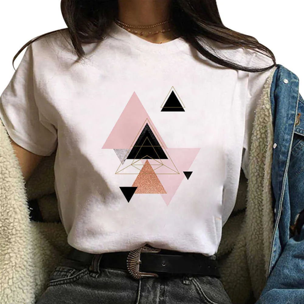 Geometria Drukowane Kobiety T-Shirt Kobieta 90S Koszulka Graficzna Harajuku Topy Tee Cute Krótki Rękaw Zwierząt Tshirt Tshirts Plus Size X0527