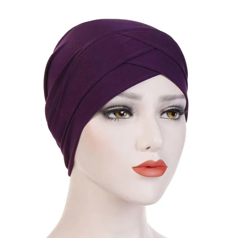 Turban musulman croisé sur le front, Hijabs intérieur en coton extensible de couleur Pure pour casquettes, prêt à porter pour femmes, foulard sous Bonnet