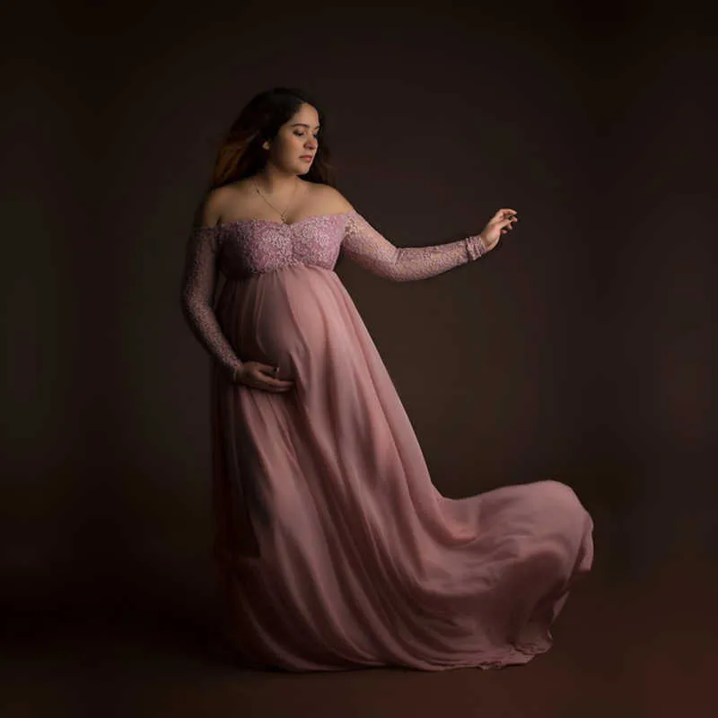 Dusty Pink Long Chiffon Maternity Pography Dress Sweet Heart Lace es For Po Shoot Slit Open Pregnancy 210721