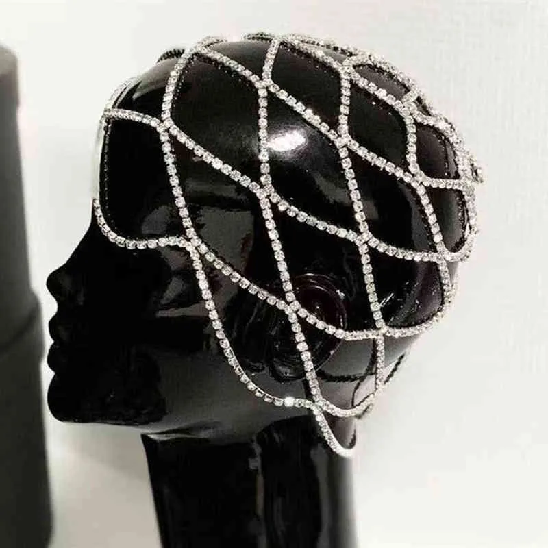 Hollow Mesh Headpiece Bröllopskedja Smycken för kvinnor Lyx Crystal Band Cap Hat Hårtillbehör 220125