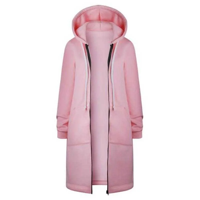 Womens 2021 Autumn Winter Zip Hooded Sweatshirt Lady Long Sleeve Hoodie Casual Jumper Coat Jacket Trench Coat Women Windbreaker Y0820