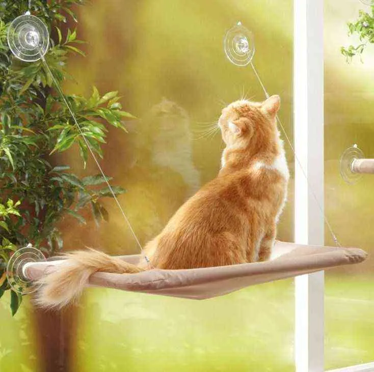 Pet Cat Hammock dla S Poglądający Lounger Sunny Window Seast Mount Wiszące łóżka Wygodne łóżko Półki łożysko 20 kg 211111