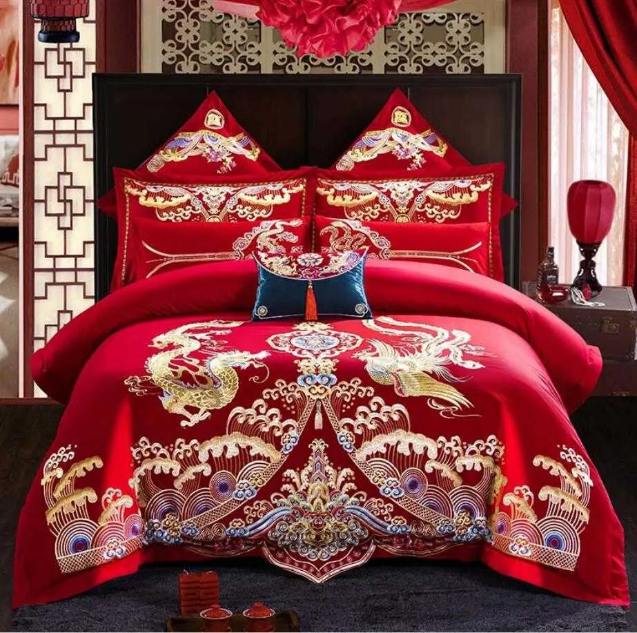 Luxury Loong Phoenix Embroidery Red Duvet Cover Bed sheet Cotton Chinese Style Wedding Bed cover Bedding Set Home Textile H6610236