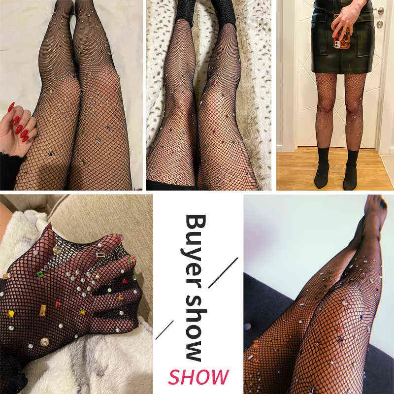 Sexig rhinestone mesh fishnet pantyhose kvinnor bling tights slim party club hosiery kvinnlig mode svart ihålig lår hög y1130