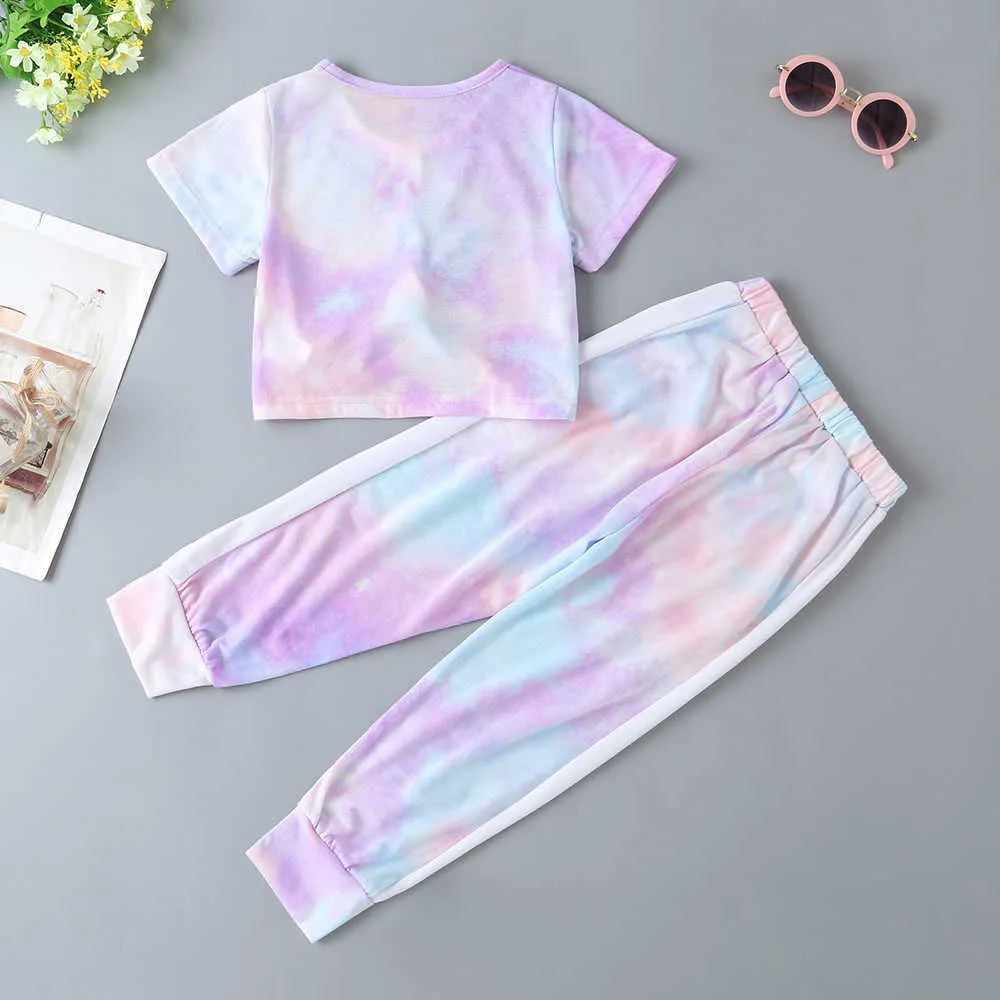 Hiver Enfants Ensembles Casual Filles À Manches Courtes O Cou T-Shirt Bande Élastique Long Pantalon Tie-dyed Vêtements 18M-6T 210629