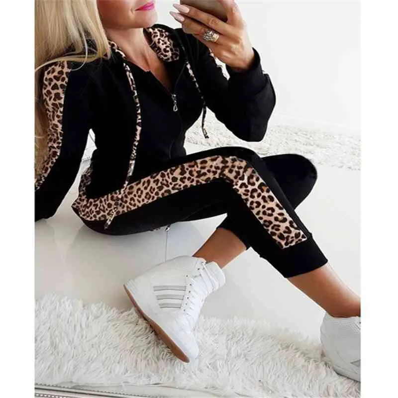 Tataria 2 Stück Set Frauen Leopard Gedruckt Trainingsanzug Herbst Winter Langarm Mantel Weibliche Hoodies Hosen Zwei Stücke 210514