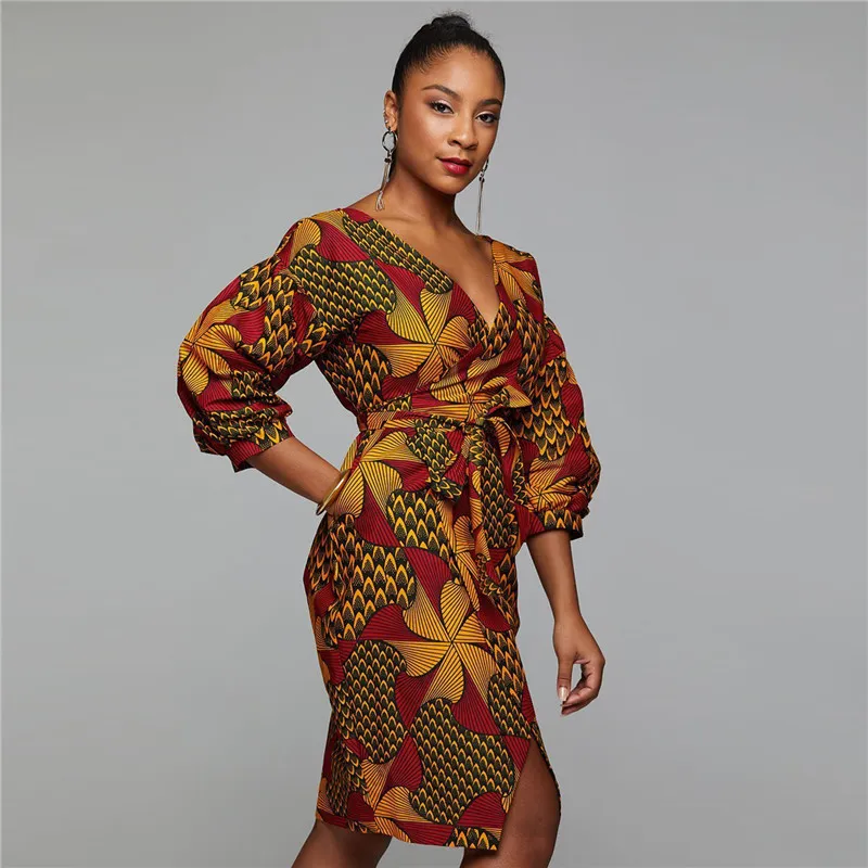 Isarose Afrikaanse Dashiki Jurk V-hals Belted Spleet Rich Print Bazin Hoge Taille Plus Size Office Lady Dames Daily Clothing 210422