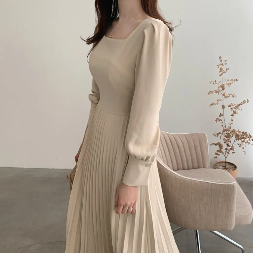 秋の韓国シックプリーツドレス女性の長袖カジュアル固体女性vestido da Festa 210520