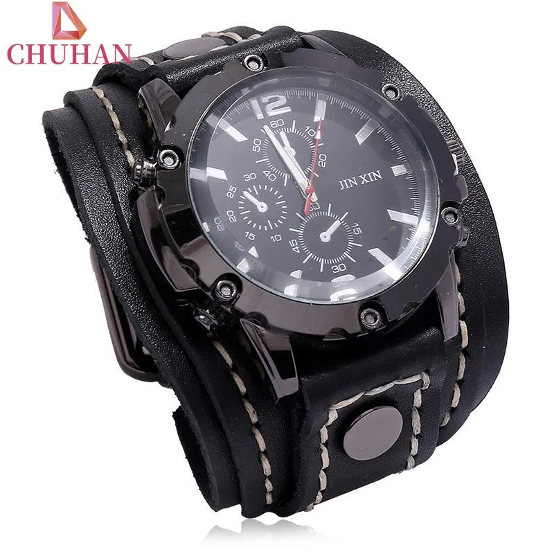 Horloges CHUHAN Mode Punk Brede Lederen Armband Horloges Zwart Bruin Armbanden Voor Mannen Vintage Polsbandje Klok Sieraden C629259Q