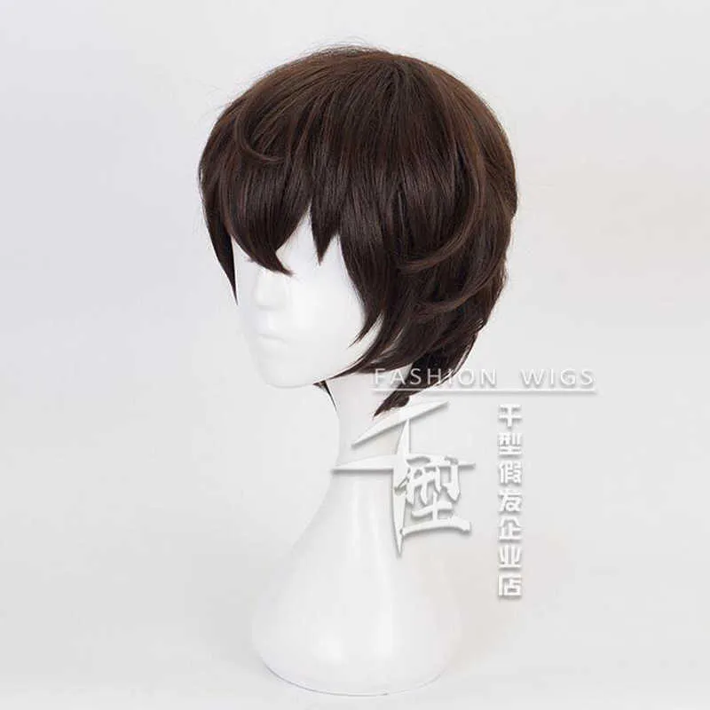 Nouvelle Arrivée Anime Bungo Chiens Errants Dazai Osamu Court Brun Cheveux Bouclés Résistant À La Chaleur Cosplay Costume Perruque + Porte-clés Cap Y0913