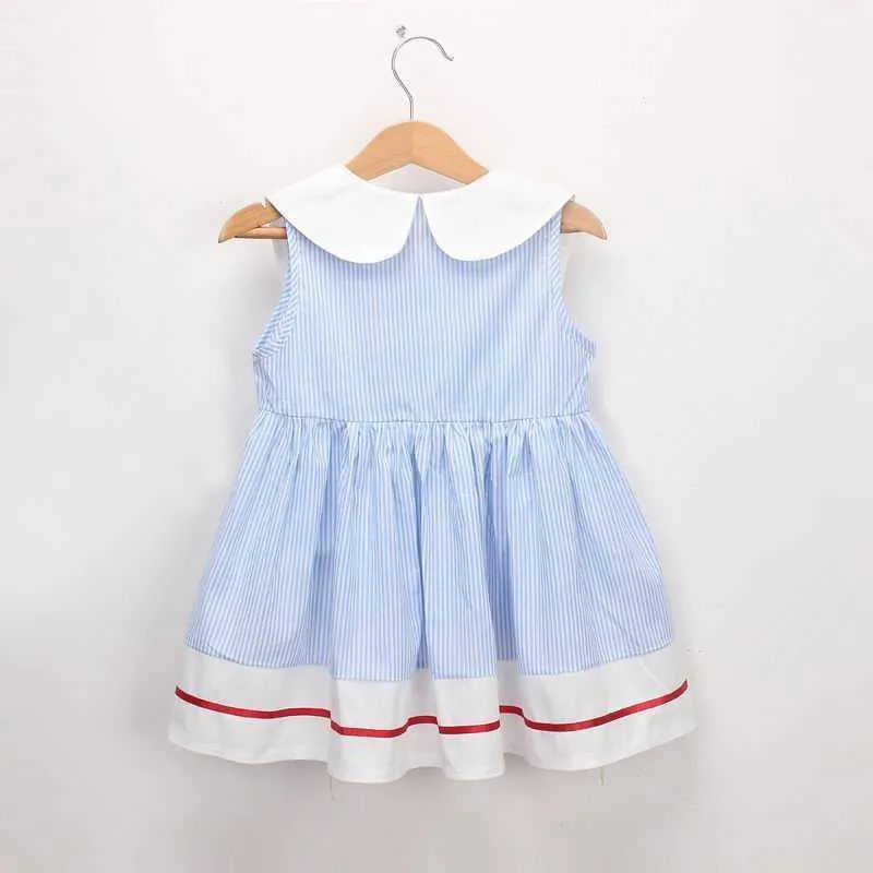 Dziewczyna Blue Stripe Dress Summer Cherry Collar Bez Rękawów Bawełna Sundress Baby Clothing LT034 210610