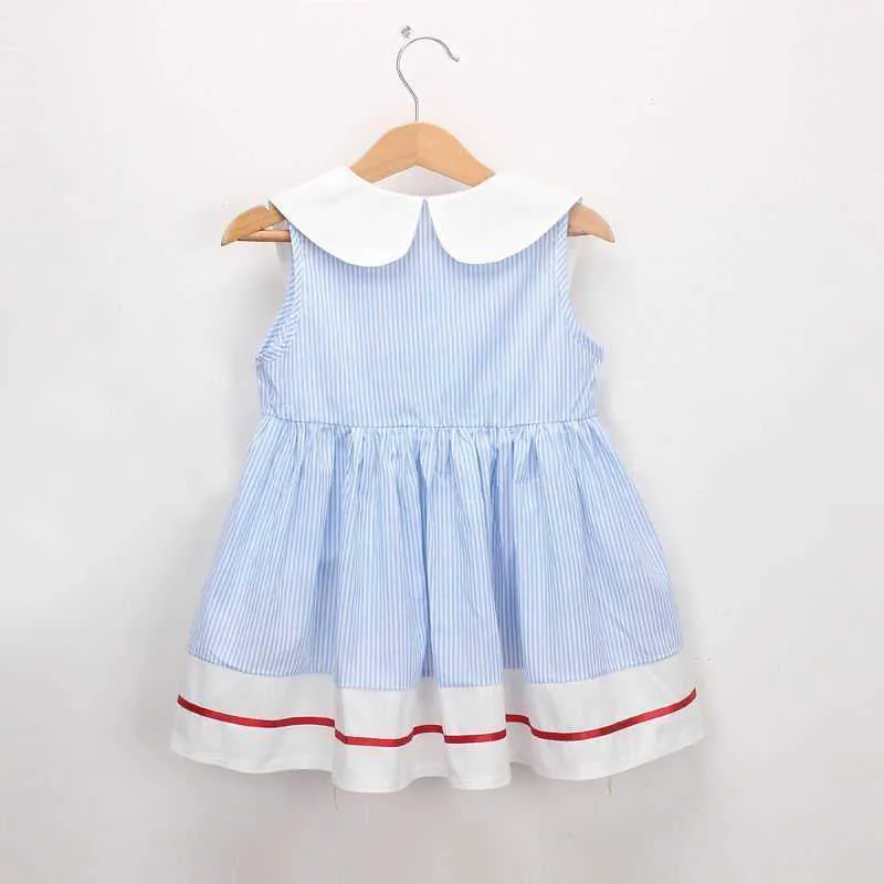 Mädchen Blaues Streifenkleid Sommer Kirschkragen Ärmelloses Baumwoll-Sommerkleid Babykleidung LT034 210610