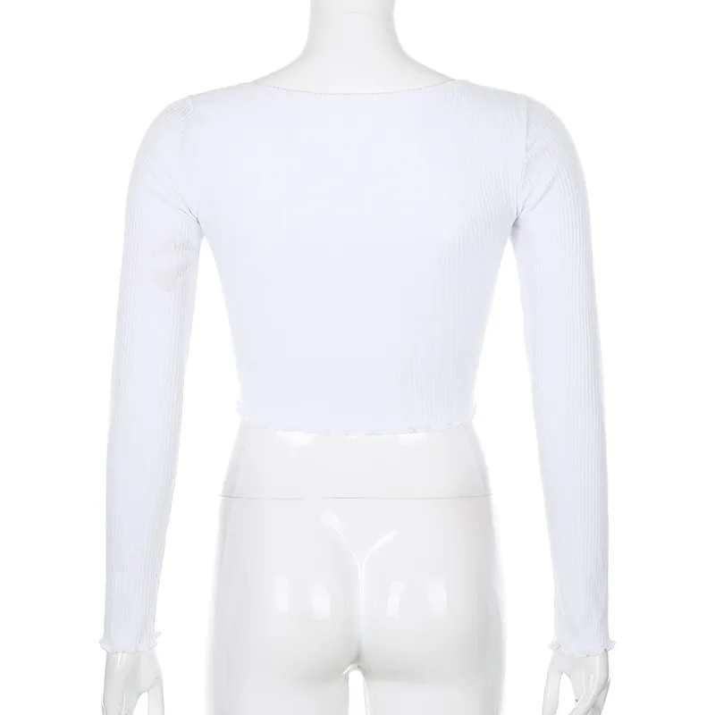 SUCHCUTE T-shirts tricotés pour femmes à manches longues Y2K 90s esthétique hauts volants E fille chemise blanche été basique t-shirt Y0508