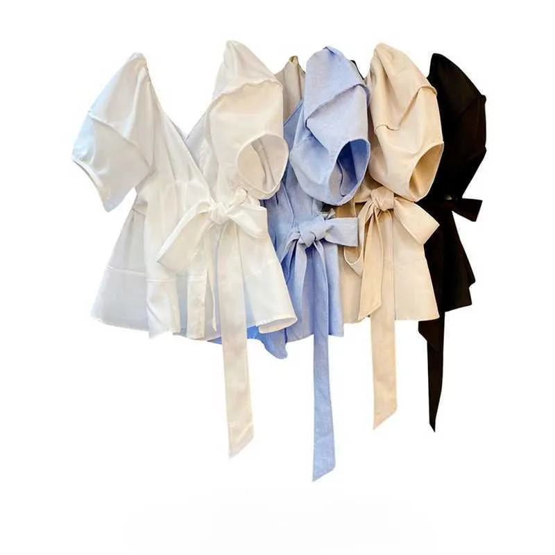 Sommer Süße Puff Sleeve Blusen für Frauen Elegante Vintage Baumwolle Leinen Shirts Mode Silm Taille Design Tops Weibliche 210525