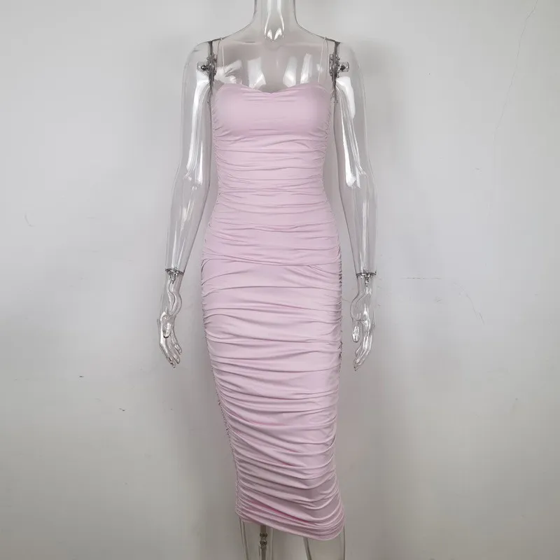 ISAROSE Female Mid-calf Dresses Pink Soft Milk Silk Spaghetti Strap Sleeveless Summer Sexy Pleated Back Zipper Low-cut Dress 210422