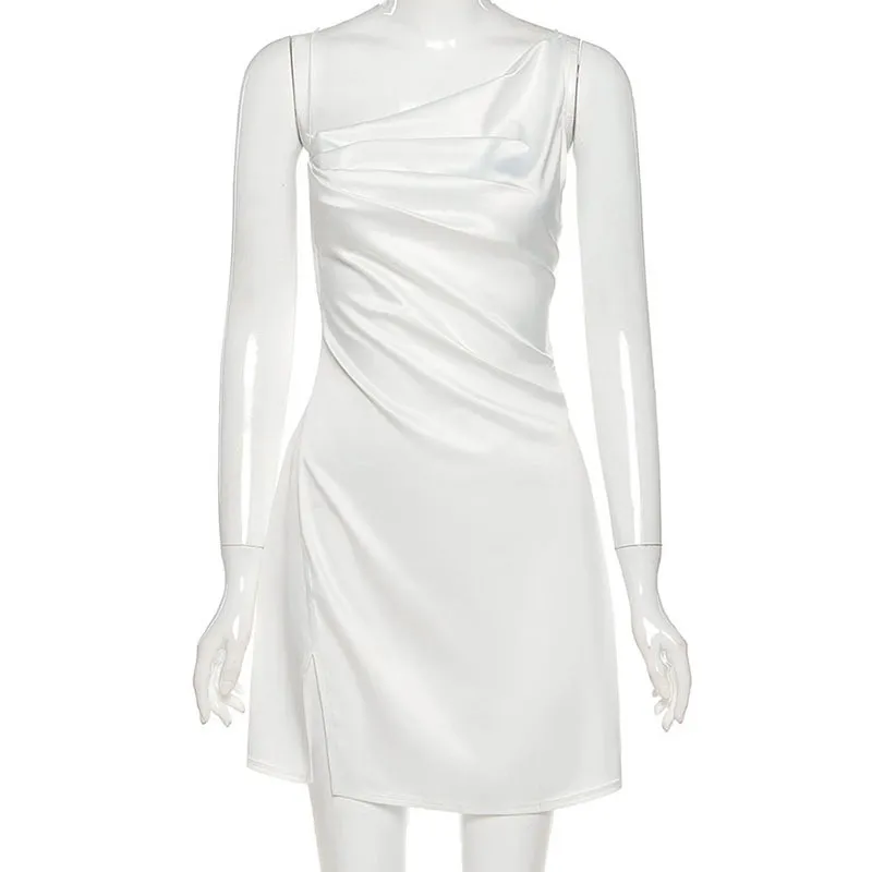Women One Shoulder Elegant White Summer Mini Dress Sleeveless Split Design Backless Cross Strap Clubwear Fashion Bodycon Outfits 210517