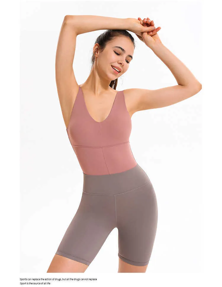 Sexy rückenfreie Yoga-Overalls enge Sport-Sets Sportbekleidung Dodysuit elastische Strampler mit Pads Workout-Athletikanzug 210802