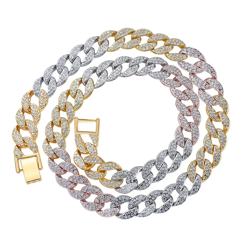 15 mm 8–30 Zoll lange Halskette in drei Farben, personalisierbar, Gold, Silber, Hip Hop, Bling-Diamant, kubanische Gliederkette, Halskette für Männer, Miami Rapper 310I