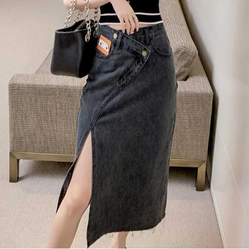 estate casual Womens Midi Denim Skirt Vita alta A-line Row Hem Split Jeans Plus Size 210531