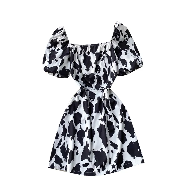 Kimutomo Chic Cow Spot Vestido Francés Puff Manga Mujeres Verano Cuadrado Cuello Slim Cintura Vacaciones Vestidos Elegante Femme 210521