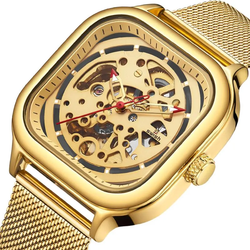 Luxury Golden Automatic Relogio Masculino Top Brand Design Quartz Wristwatch Fashion Square Hollow Steel Mechanical Watches Men Wristwa 2807