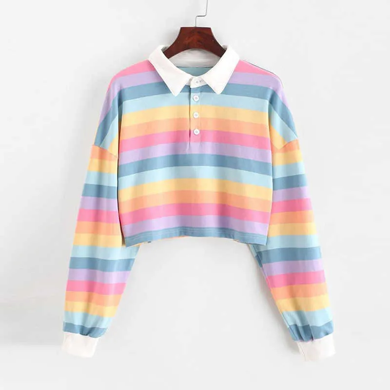 QRWR Polo Shirt Femmes Sweat-shirt à manches longues Rainbow Couleur Sweats à capuche avec bouton rayé Sweat-shirt de style coréen Femmes 211023