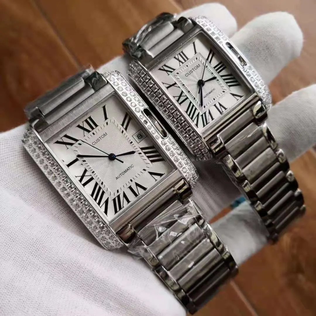 Marque de luxe femmes hommes montre mécanique automatique plein diamant CZ numéro romain cadran montre-bracelet Couple Date montres en acier inoxydable