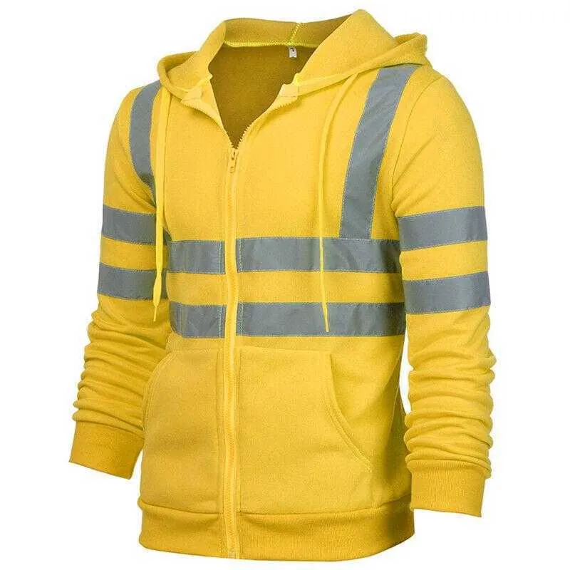 남자 스트라이프 패치 워크 후드 스웨터 점퍼 탑스 철도 작업 자켓 Outwear 반사 테이프 안전 보안 코트 210811