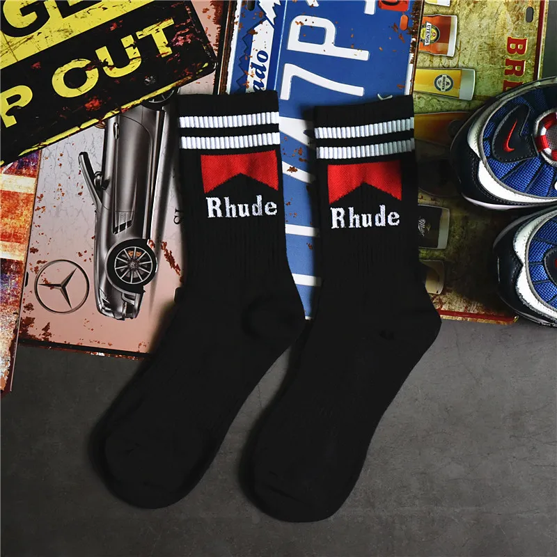 Rhude Socken für Herren und Damen, lässig, hochwertige Baumwolle, Rhude Crew Socke, Schwarz, Weiß