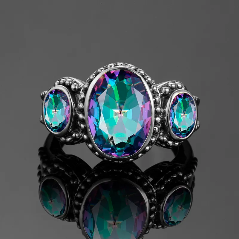 Damenringe Luxus Silber 925 Mystic Rainbow Topaz Ring Edelsteine Oval Gravieren Weiblicher Feinschmuck Geburtsstein Juni Anillos Best