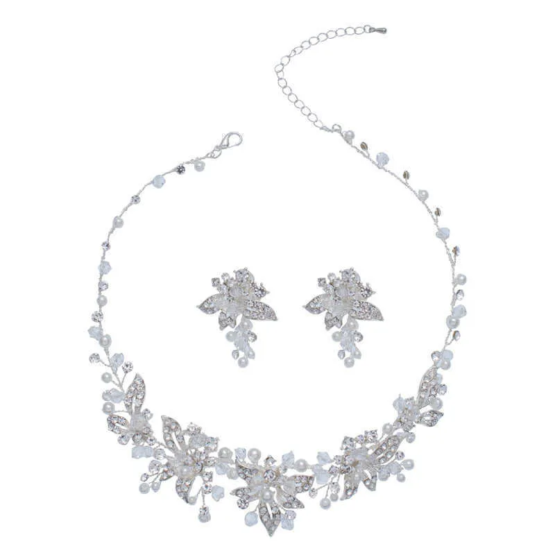 Delicate Silver Color Bridal Sieraden Sets met Tiara Crystal Parels Vrouwen Ketting Oorbellen Set Bruiloft Accessoires H1022