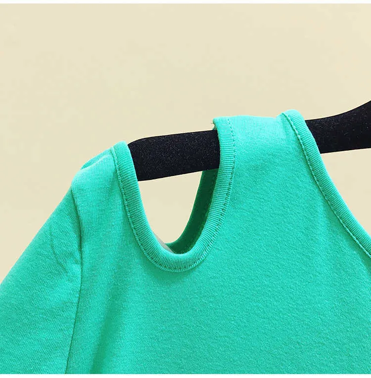 Yaz Kısa Kollu Seksi T-Shirt Kadın Kapalı Omuz Katı Renk Tees Kadın Temel Pamuk Tişörtleri Lady Mor Yeşil 210604 Tops