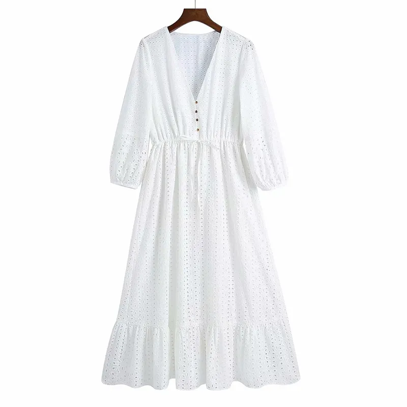 Kobiety Lato Za White V-Neck Dress 3/4 Przyciski rękaw Łusznia Tie Slim Casual Kobiet Elegancka Party Dresses Odzież Dresses Vestidos 210513