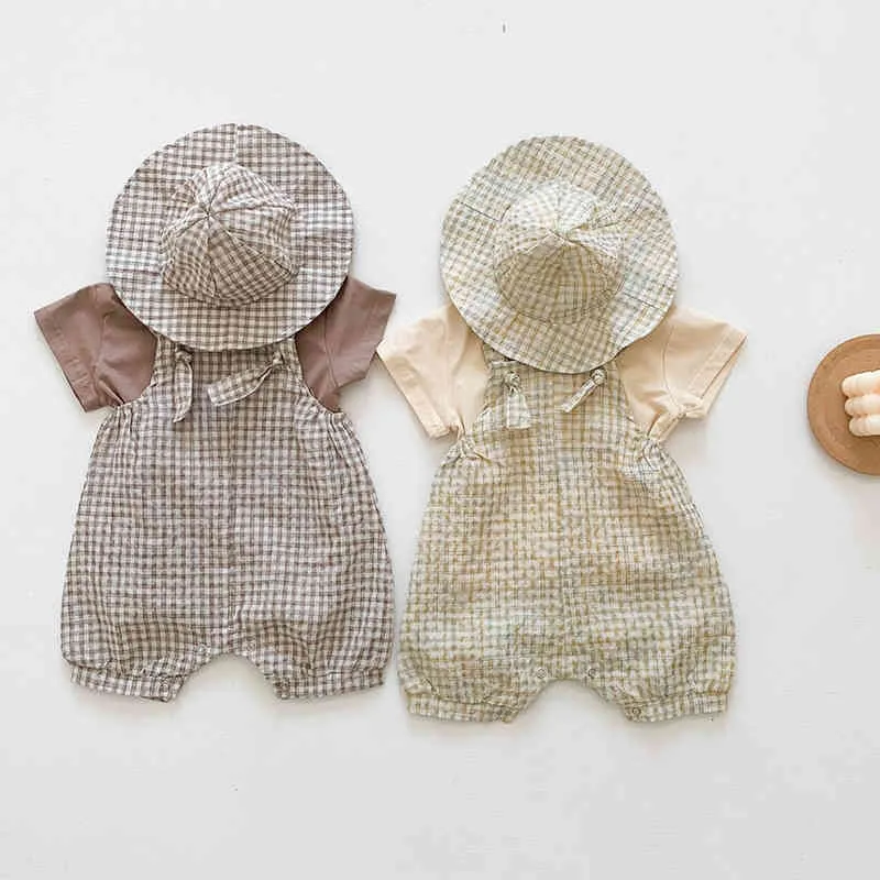 Summer Infant Boys Girls Ubrania Zestaw Koreański Styl Bawełniany T-Shirt + Plaid Compumeit Hat Born Baby Romper Clothing 210515